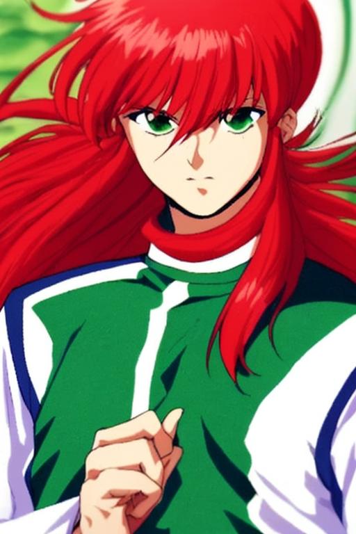 1boy,<lora:zangma-09:0.9>,long hair,red hair,green eyes,Green martial arts uniform